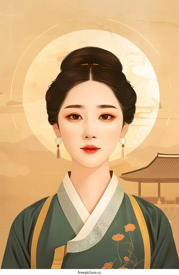 Traditional Korean Woman in Hanbok Dress with Moon Background
