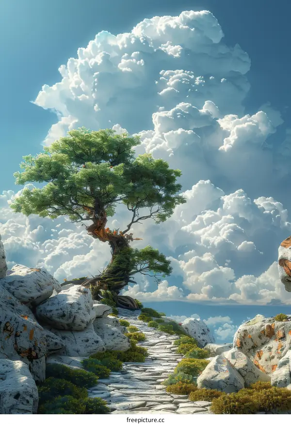 Fantasy Landscape with Tree and Stone Path
