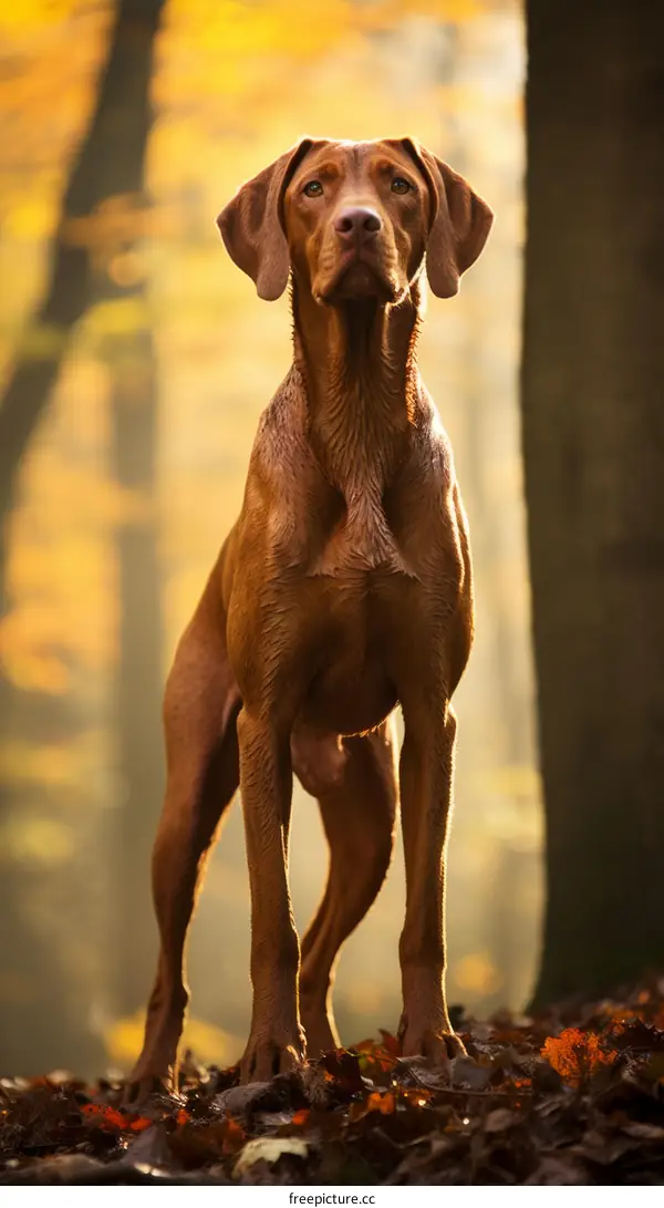 A Vizsla dog standing in the woods