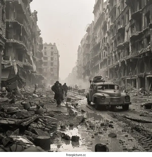 Black and white photo of the destruction in Berlin after World War II