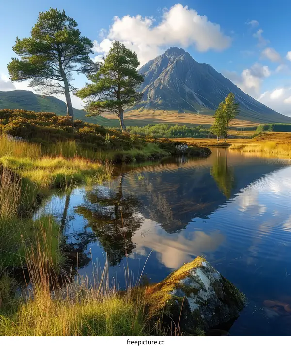 Mountain and lake landscape with blue sky and white clouds