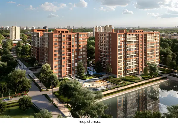 An illustration of a residential area with two apartment buildings, a playground, and a river