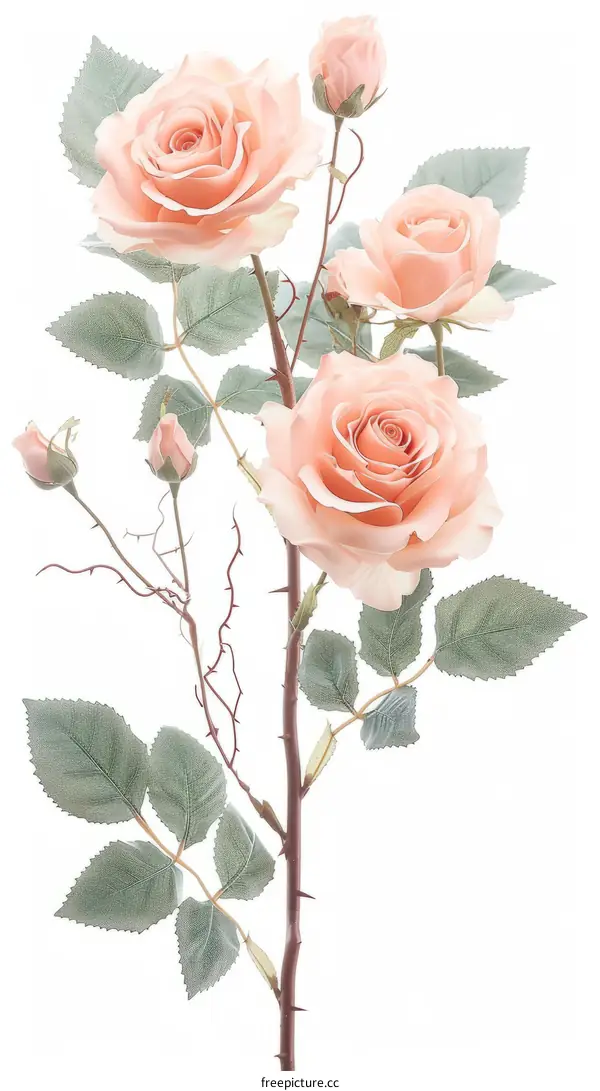 Pink roses with buds and green leaves on a white background