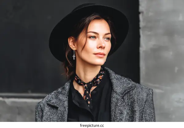 A stylish woman in a gray coat and black hat stands against a wall
