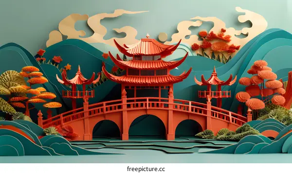 Paper Art Landscape with Bridge and Pagoda