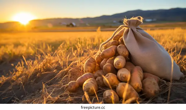 A burlap sack full of potatoes sits in a field at sunset.