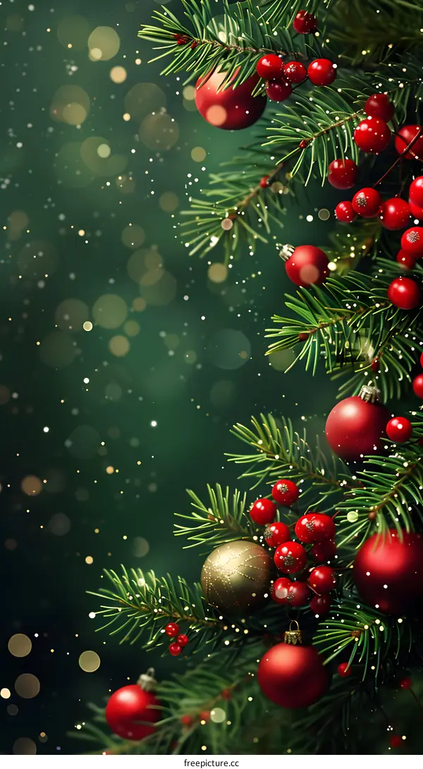 Christmas Tree With Red And Gold Ornaments And Holly Berries