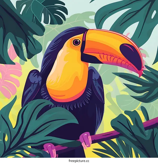Colorful Toucan Bird Illustration on Tropical Leaves