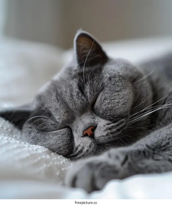 Sleeping Gray British Shorthair Cat on a White Blanket