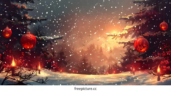 Christmas Landscape with Snow-Covered Trees and Red Ornaments