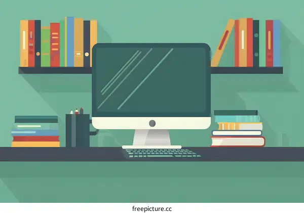 Flat Design Illustration of a Desktop Computer and Books on a Shelf