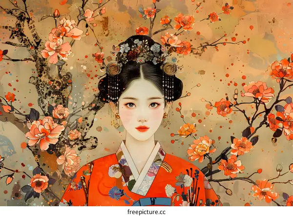 Korean Woman in Traditional Hanbok Dress Surrounded by Peach Blossoms