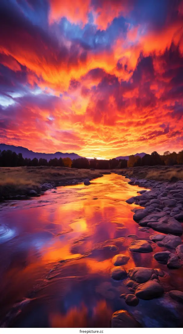 A river runs through a valley at sunset