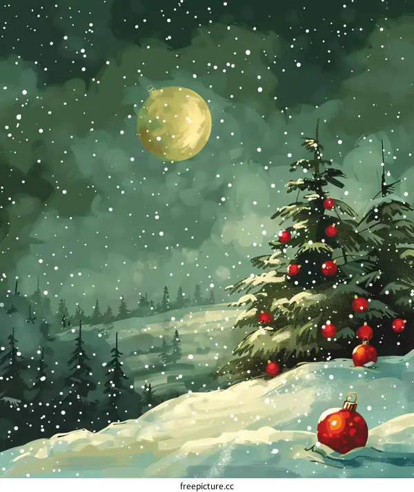 Snowy Christmas Winter Night Scene with a Full Moon in the Sky