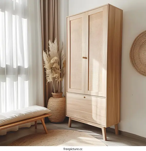 Wooden Cabinet with Rattan Doors in Minimalist Interior Design