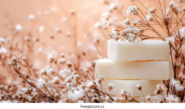 Natural handmade soap among dried flowers