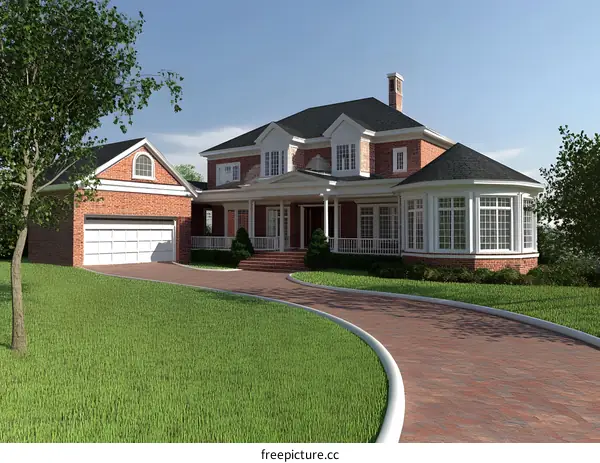 Modern Brick Home with Green Grass and Curved Driveway