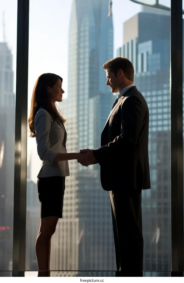 Businessman and businesswoman shaking hands in an office