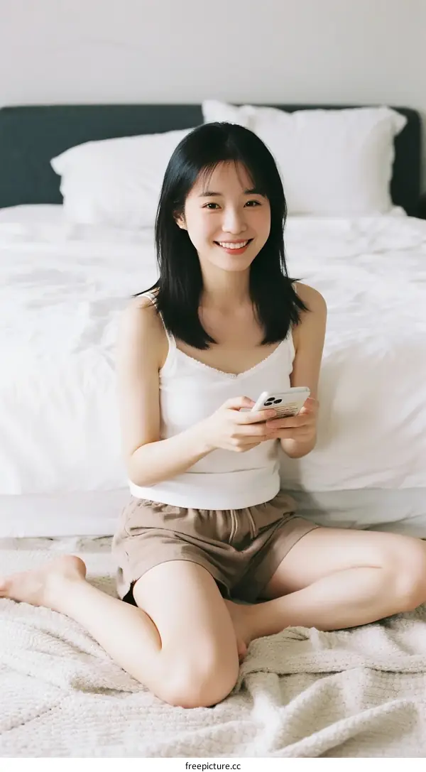 Young Woman Sitting Cross Legged On Floor Using Smartphone