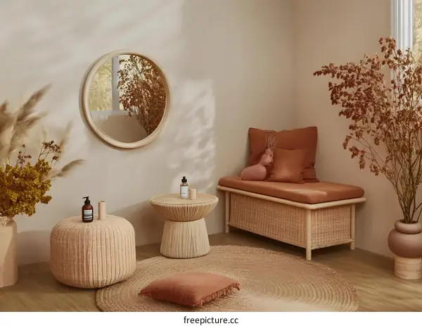 Modern Minimalist Living Room Interior Design With Wicker Furniture and Neutral Colors