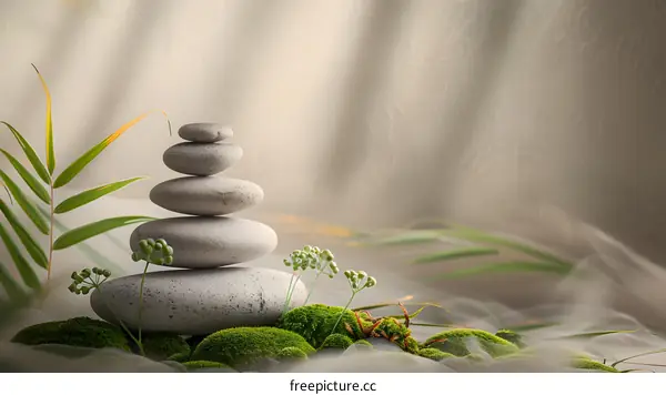 Stack of Stones with Green Plants on Mossy Ground in a Peaceful and Serene Setting