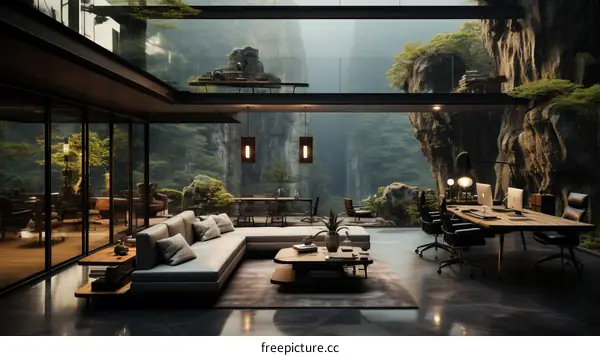 Modern House Interior with Expansive Glass Windows in the Forest