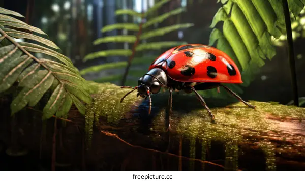 A red ladybug on a green leaf in the forest