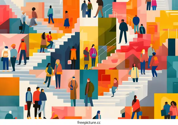 Diverse People Climbing Stairs Abstract Illustration