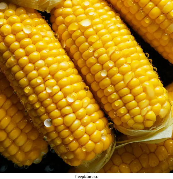 Close-up of Fresh Yellow Corn on the Cob with Water Drops