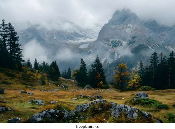 Misty Mountain Landscape With Pine Trees