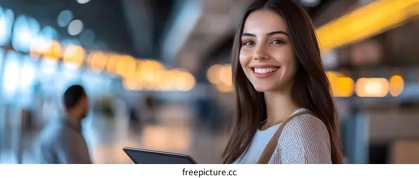 Smiling Woman Holding Tablet In Modern Building