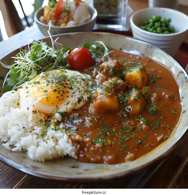 Japanese curry with rice and poached egg