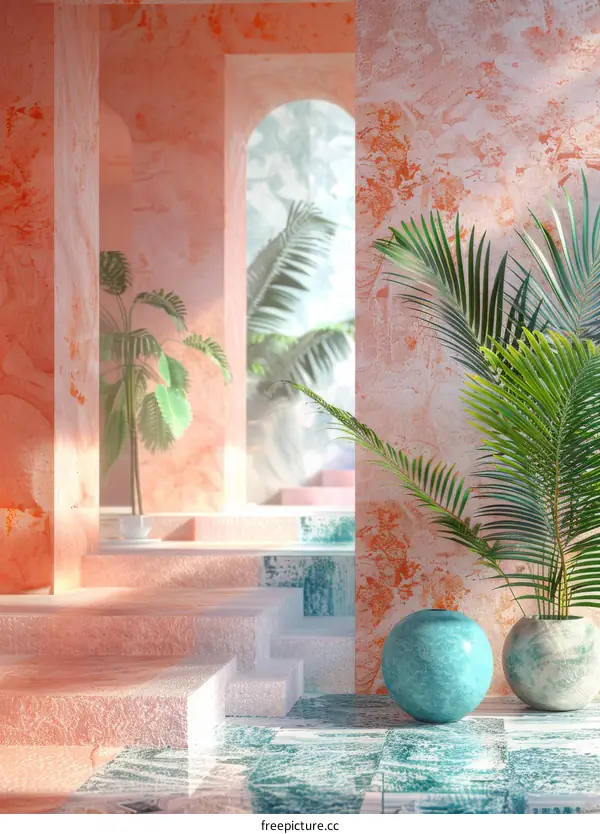 Pastel Coral Interior Design with Tropical Plants