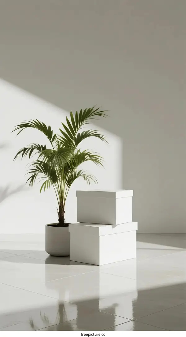 Minimalist Indoor Space with Green Plant and White Boxes