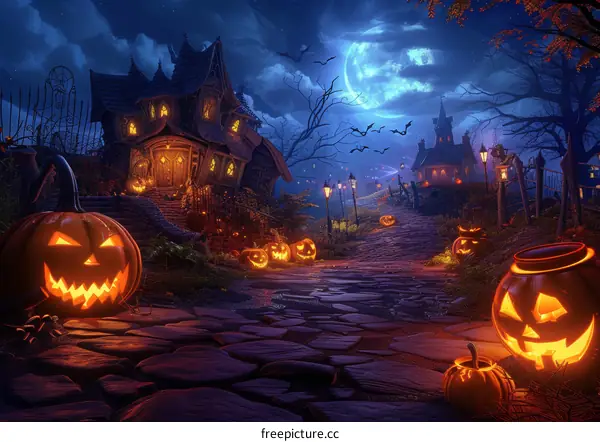Spooky Halloween with Haunted House, Pumpkins, and Bats