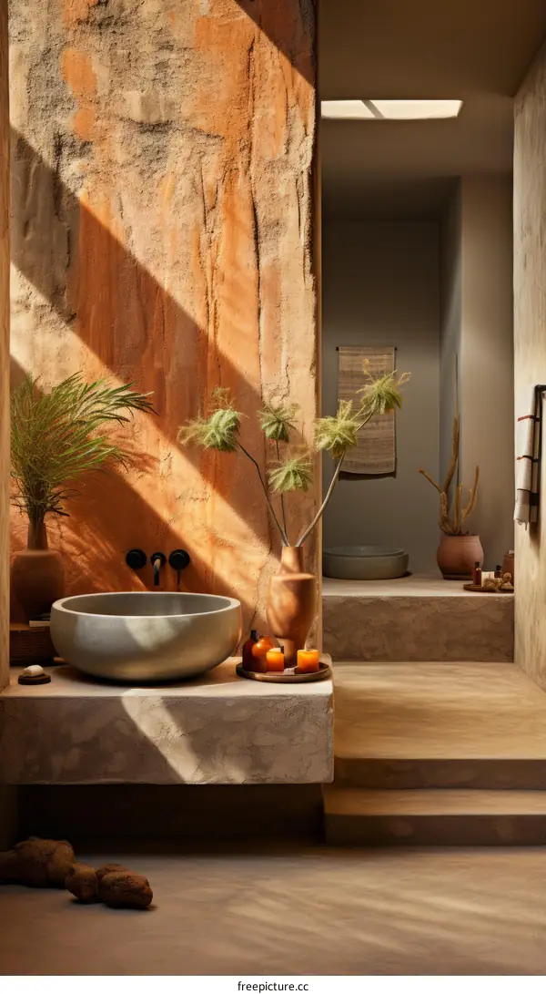 Bathroom with a natural stone wall and a large round sink