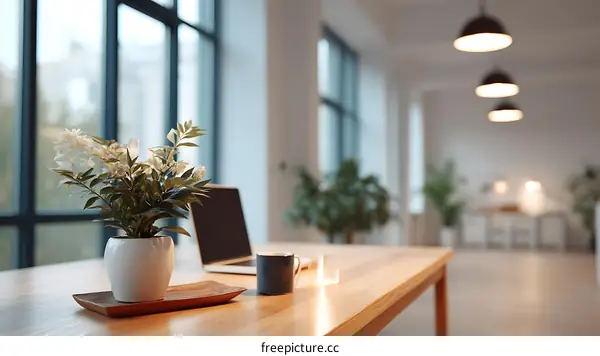 Modern Workspace with Plant and Laptop