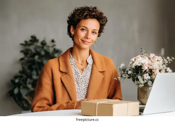 Woman in a Camel Coat Sits and Smiles at the Workplace