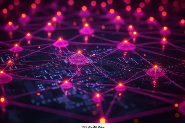 Abstract 3D rendering of a futuristic circuit board with glowing pink and purple connections