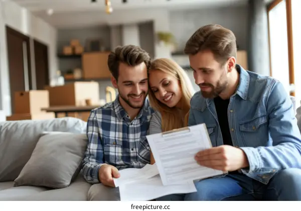Three people are sitting on a couch and looking at a clipboard