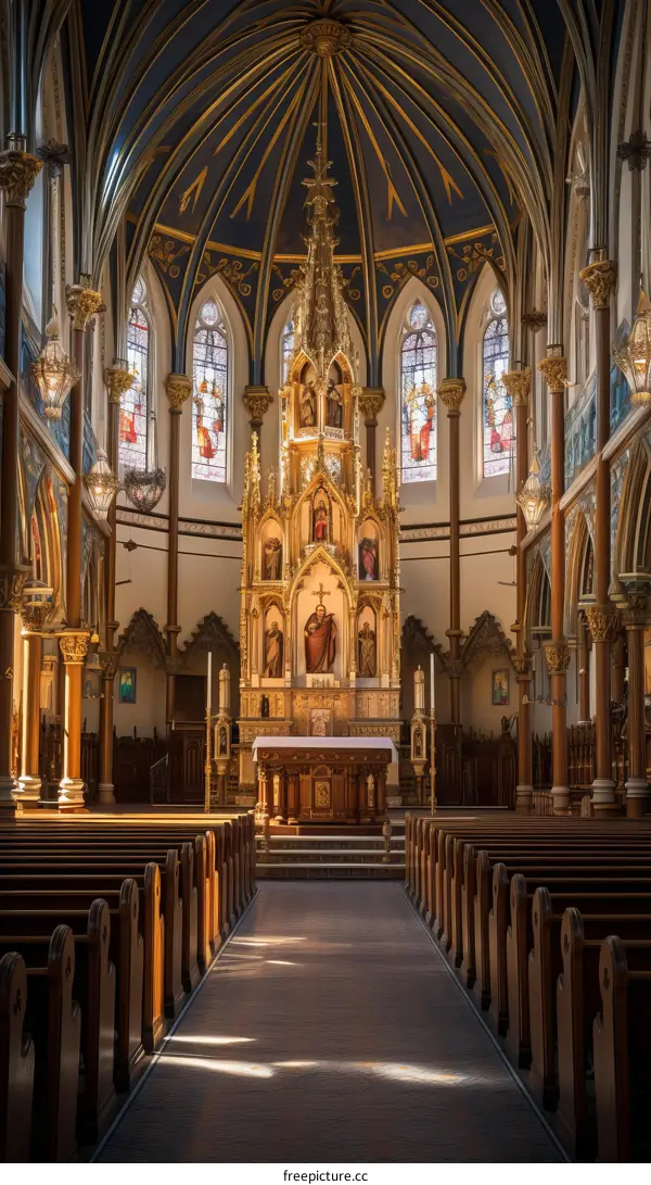 ornate interior of a catholic church with a large altar
