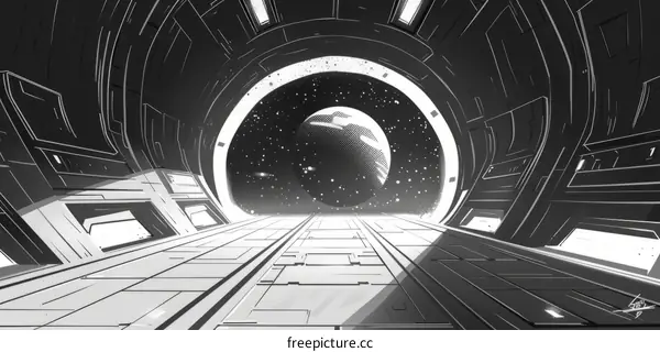 Spaceship Interior with Distant Planet: Black and White Illustration