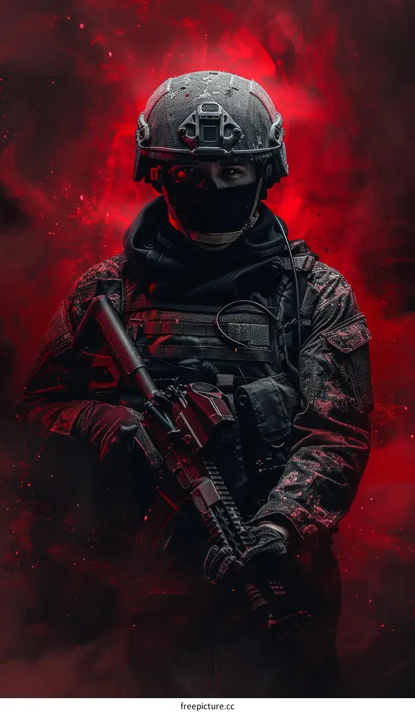 Black-Uniformed Soldier with Masked Face Holding Weapon