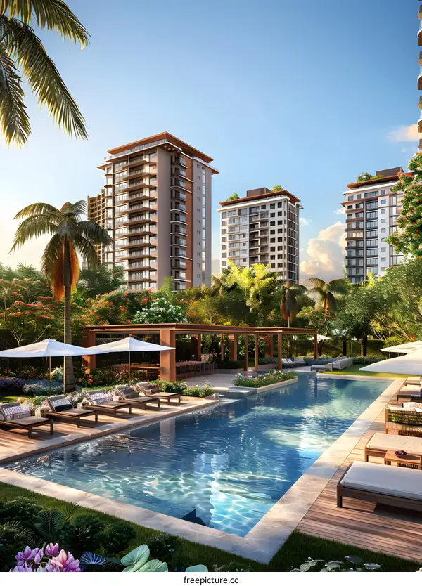 Modern apartment buildings with a pool