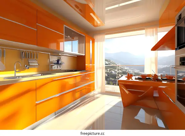 Modern Orange Kitchen with Mountain View