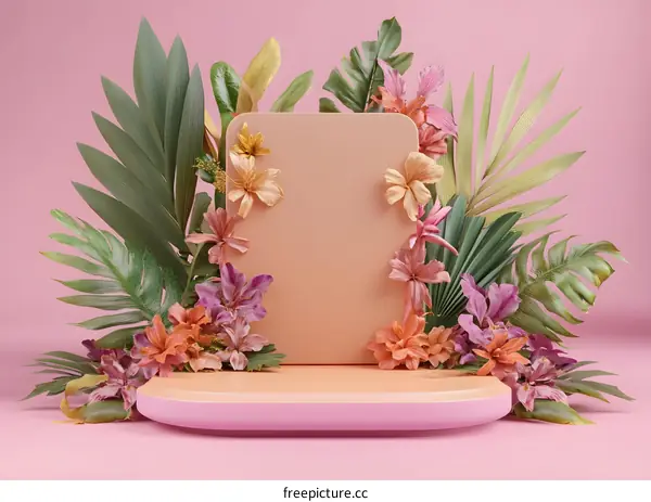 Tropical Flowers Pink Background Minimalist