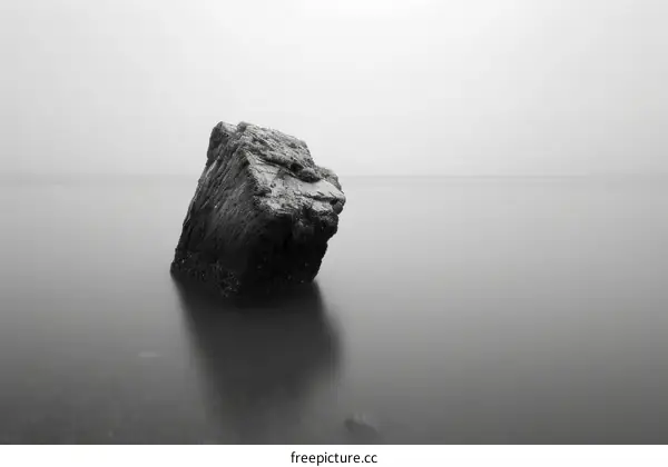 Solitude in the Mist: A Single Rock on a Foggy Lake