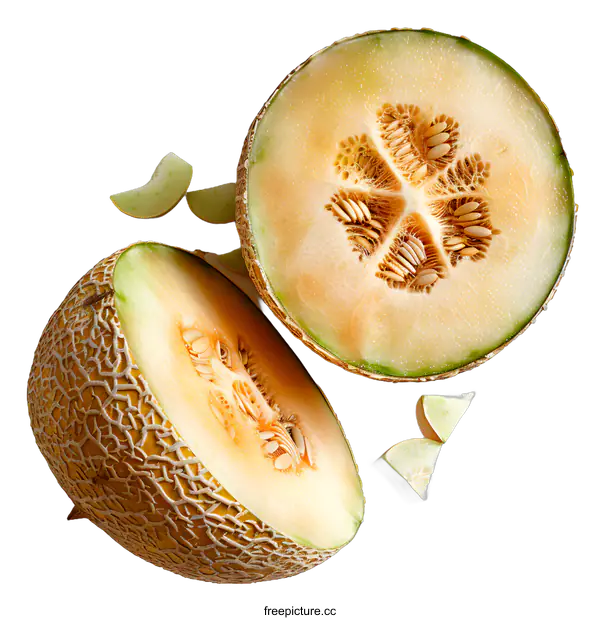 [Transparent Background PNG]Close-up of Two Halved Cantaloupes on White Background