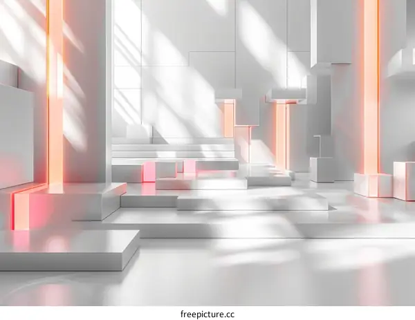 Abstract White Geometric Shapes on Pink Glowing Podium