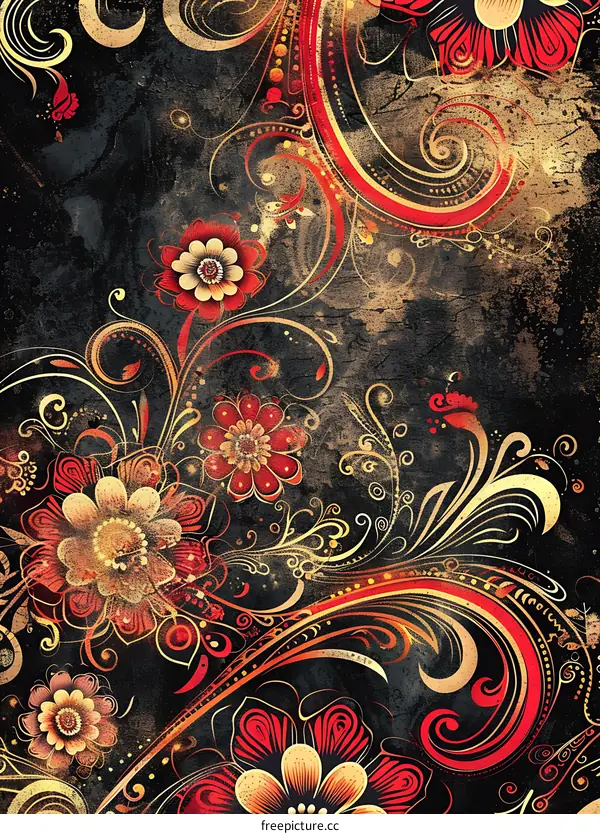 Abstract Red and Gold Floral Design on Black Background